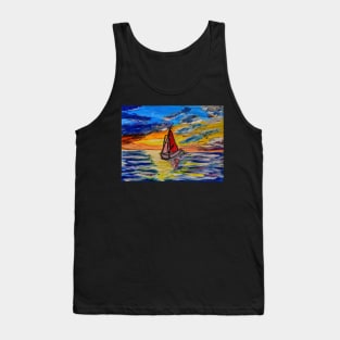 landscape painting of a boat out sailing at sunset Tank Top